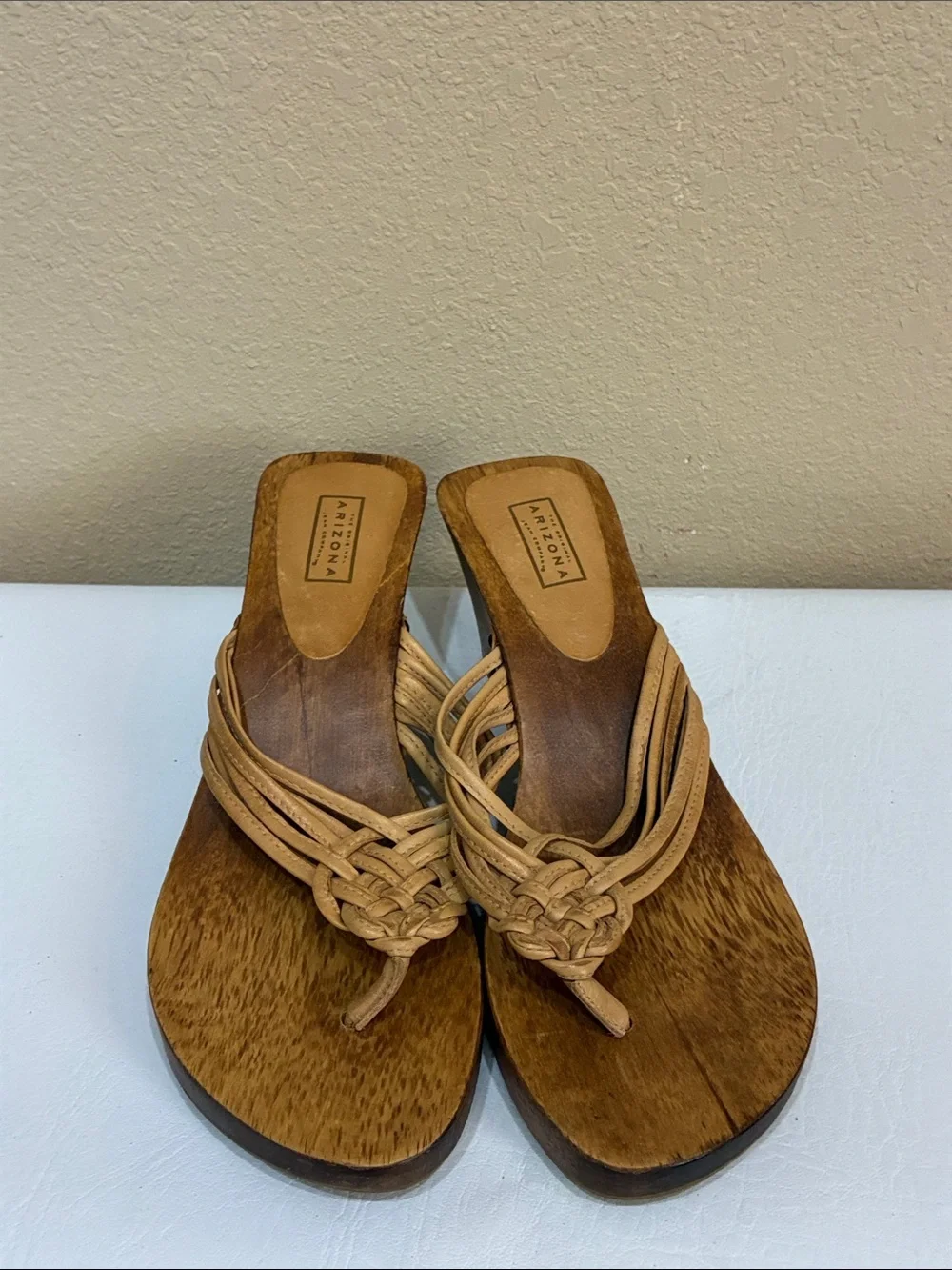 Arizona Jean Company Tan Woven Leather Wedge Sandals with Wooden-Look Heel